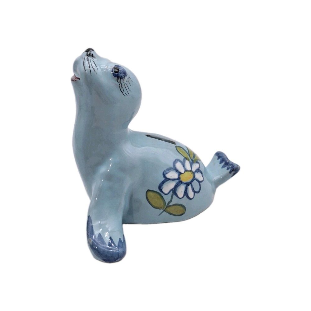 Vintage Italian Ceramic Seal Coin Bank Blue Hand Painted Daisy Retro Kitsch 70s